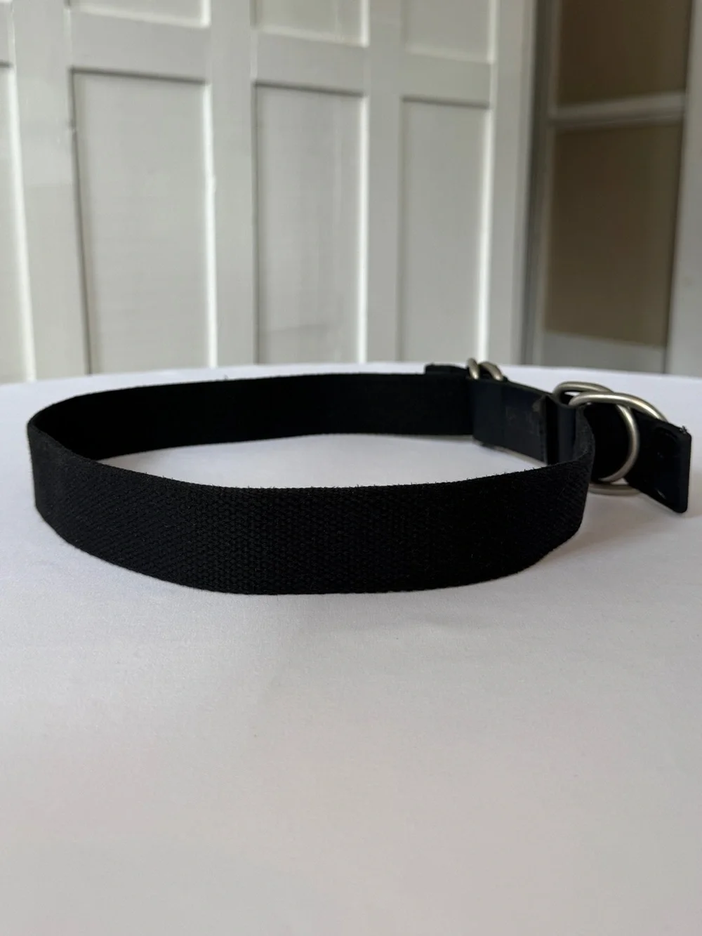 Norma Kamali Wide Double D-Ring Web Belt Black Leather Fabric Silver Buckle S